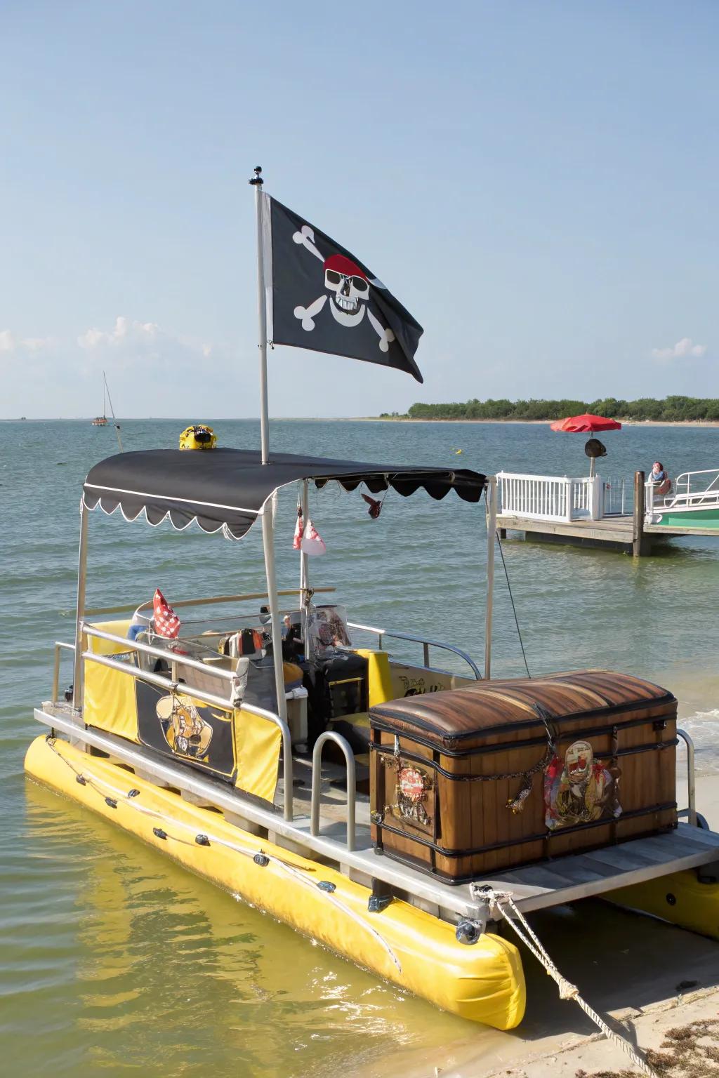 Pirate-themed pontoon boat ready for adventure with flags and treasure.