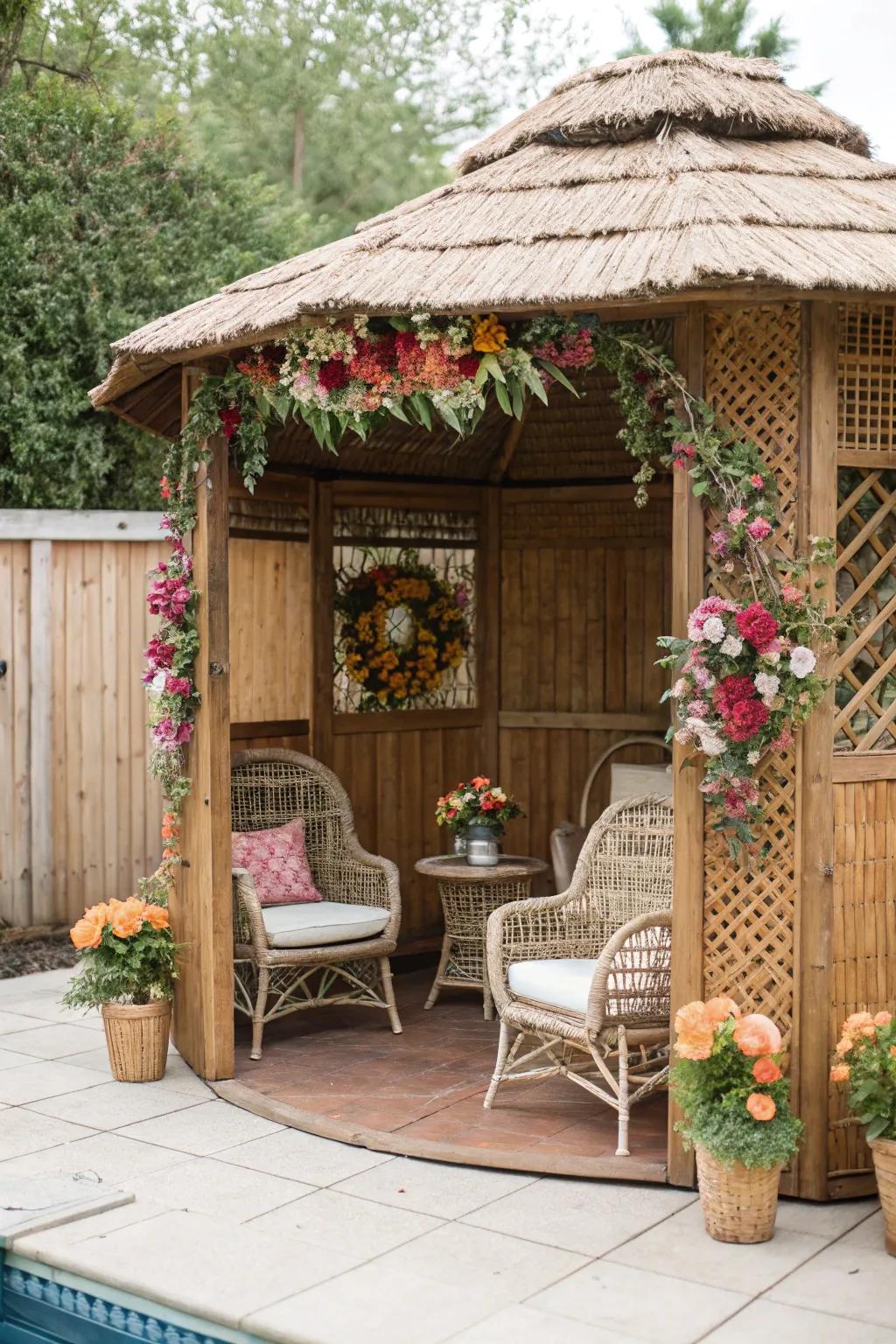 A vintage cabana adorned with wicker furniture and floral touches, radiating timeless charm.