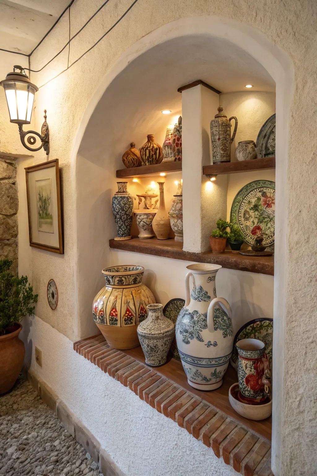 An artful pottery display set within a small nook.