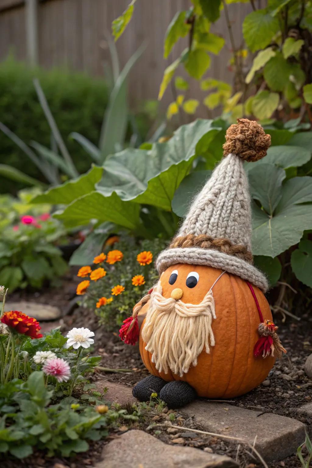 Charming gnome pumpkin adding whimsy to the garden.