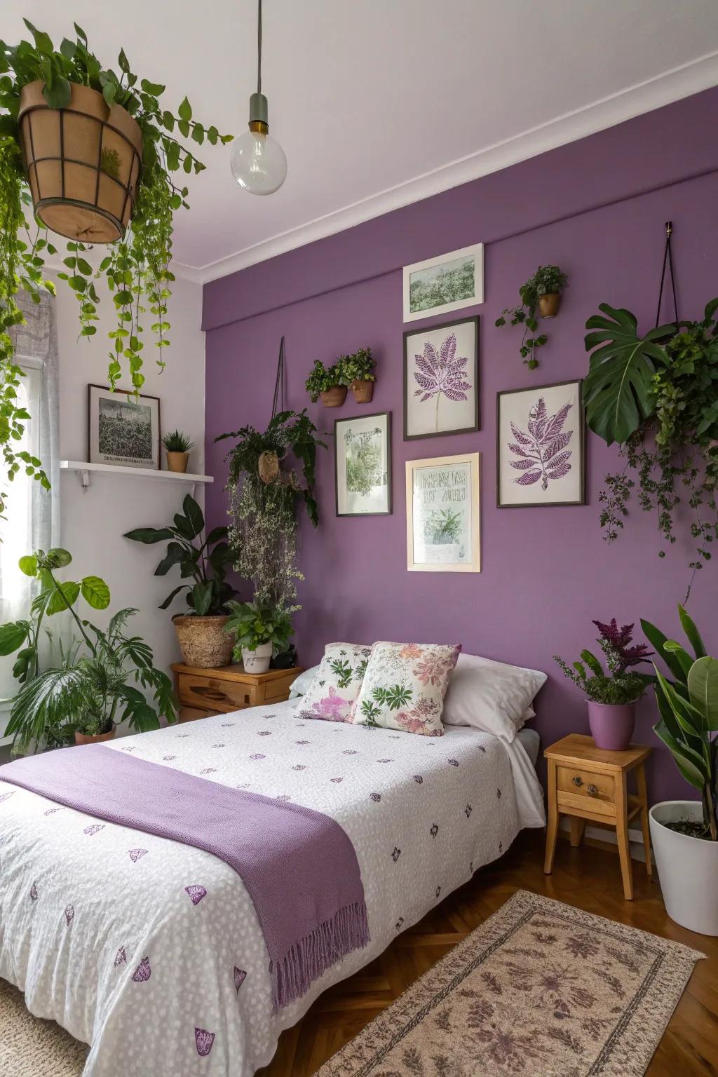 Botanical touches enhancing a violet-themed sleeping space.