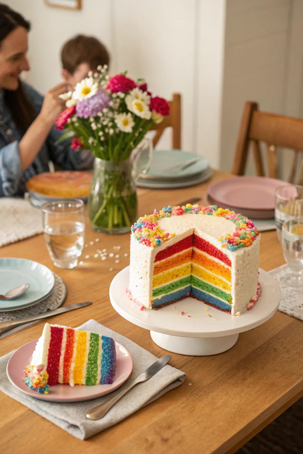 The surprise inside rainbow cake is a delightful reveal.