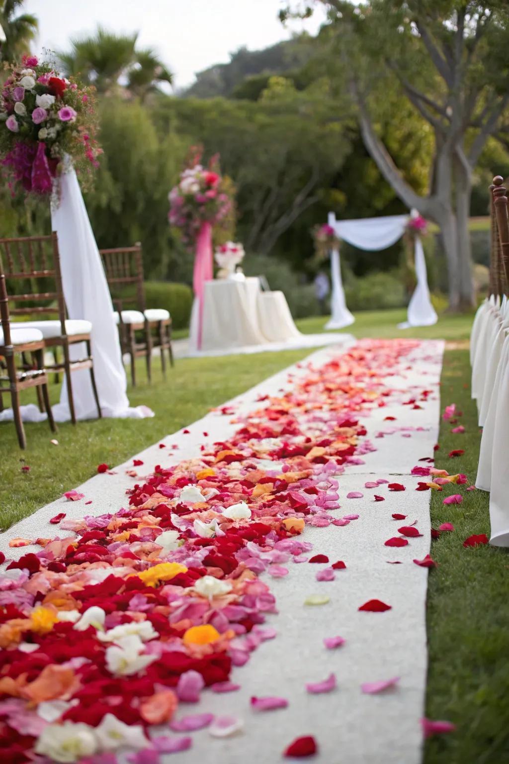 A wedding ceremony aisle lined with rainbow-colored petals.