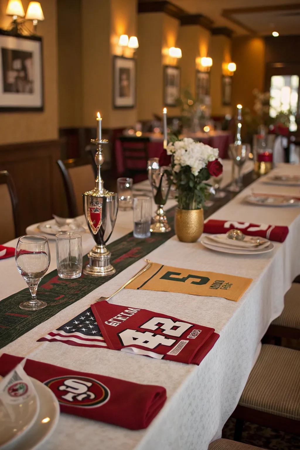 A rally towel table runner adds a festive flair.