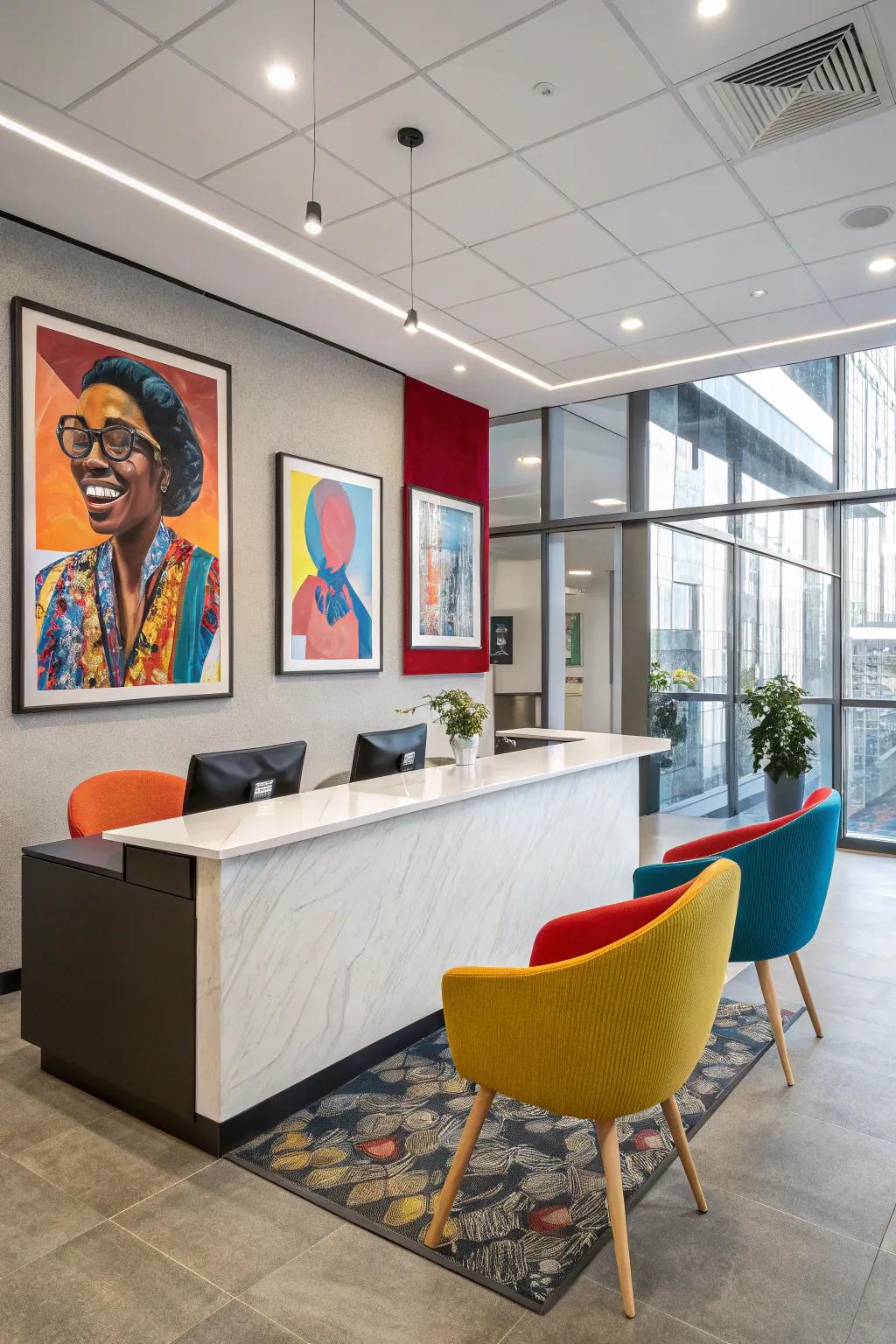 A vibrant reception area with colorful accents.