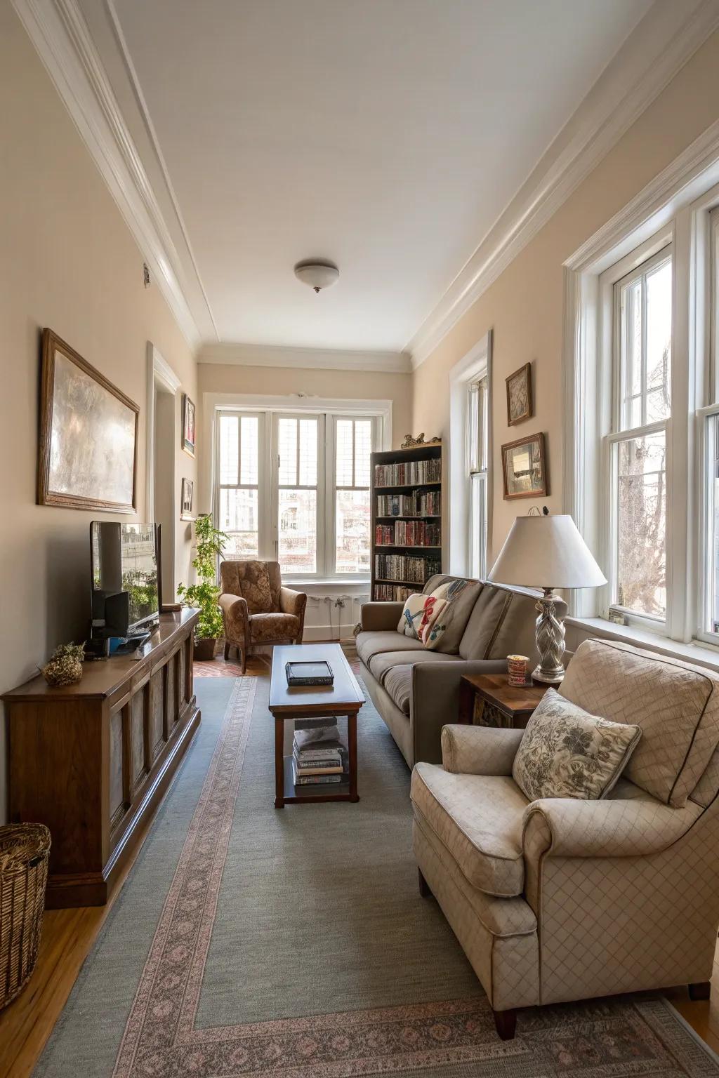 Putting furniture across the short side makes the room look wider.
