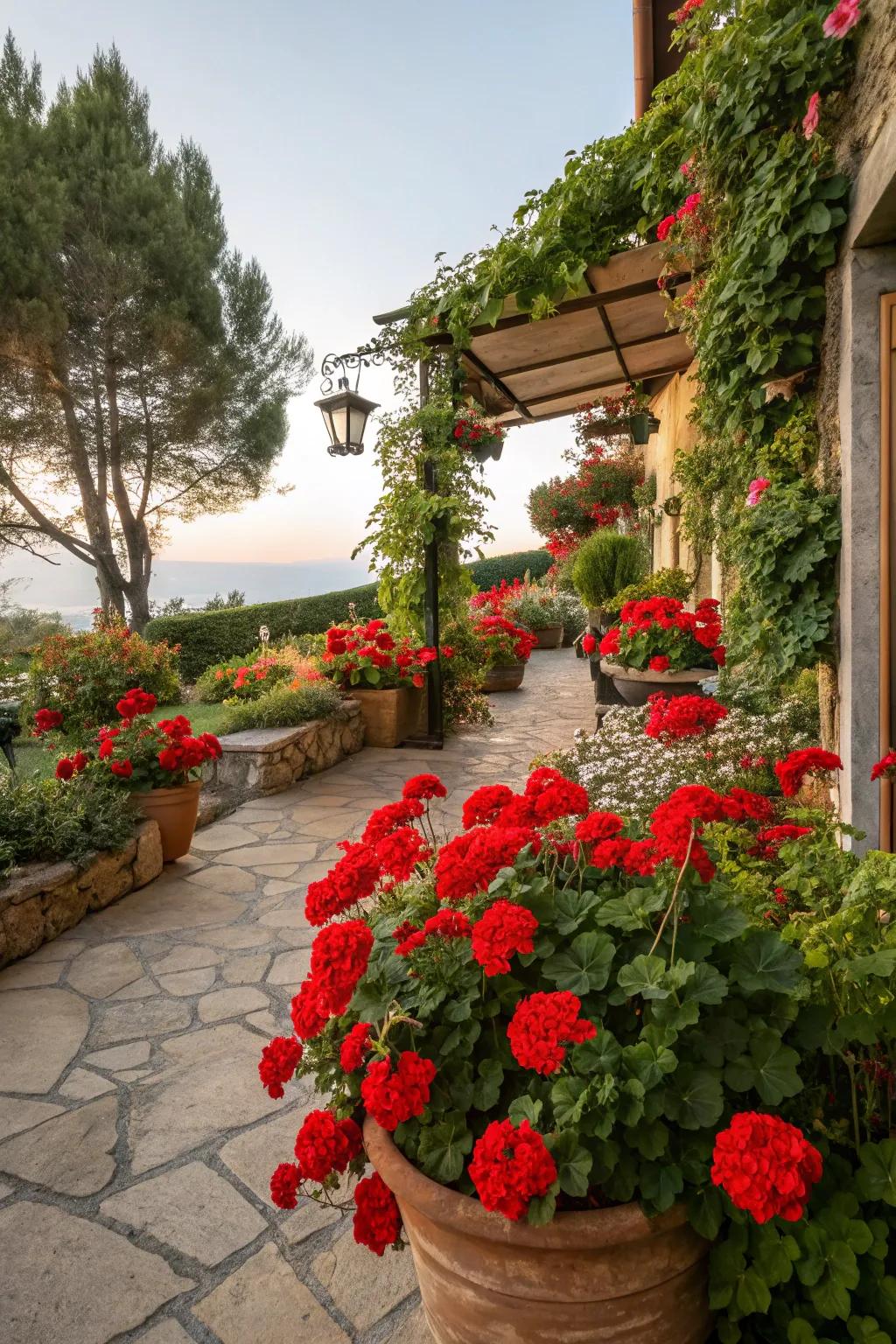 Red geraniums bring vibrancy to the garden.