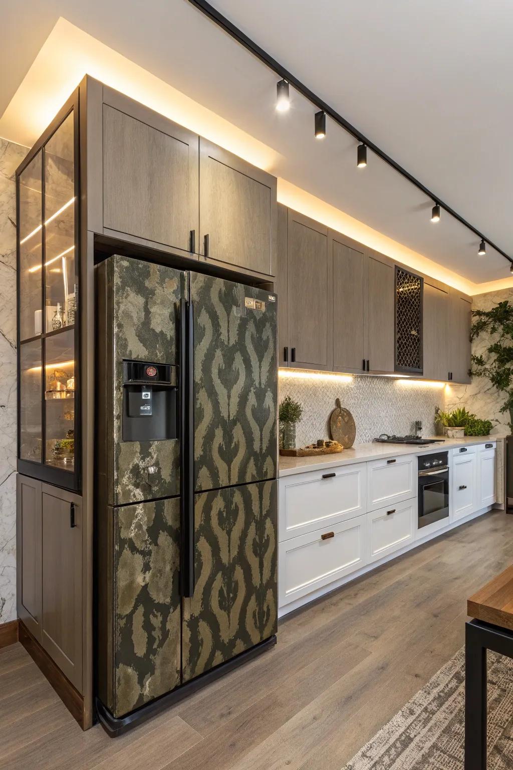 A camouflaged refrigerator seamlessly blends into the kitchen cabinetry.