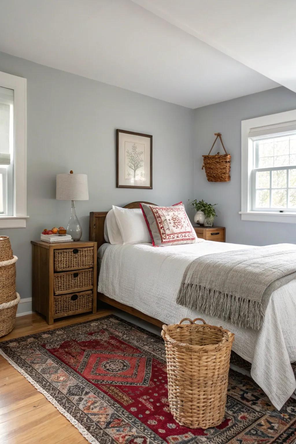 Woven elements add texture and warmth to a Revere Pewter bedroom.