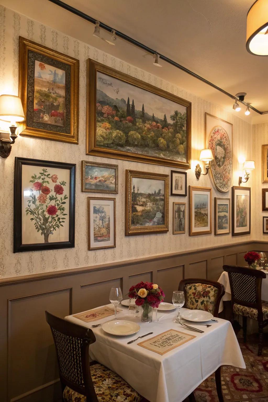 Artful wall decor adds personality and depth to your romantic dining room.