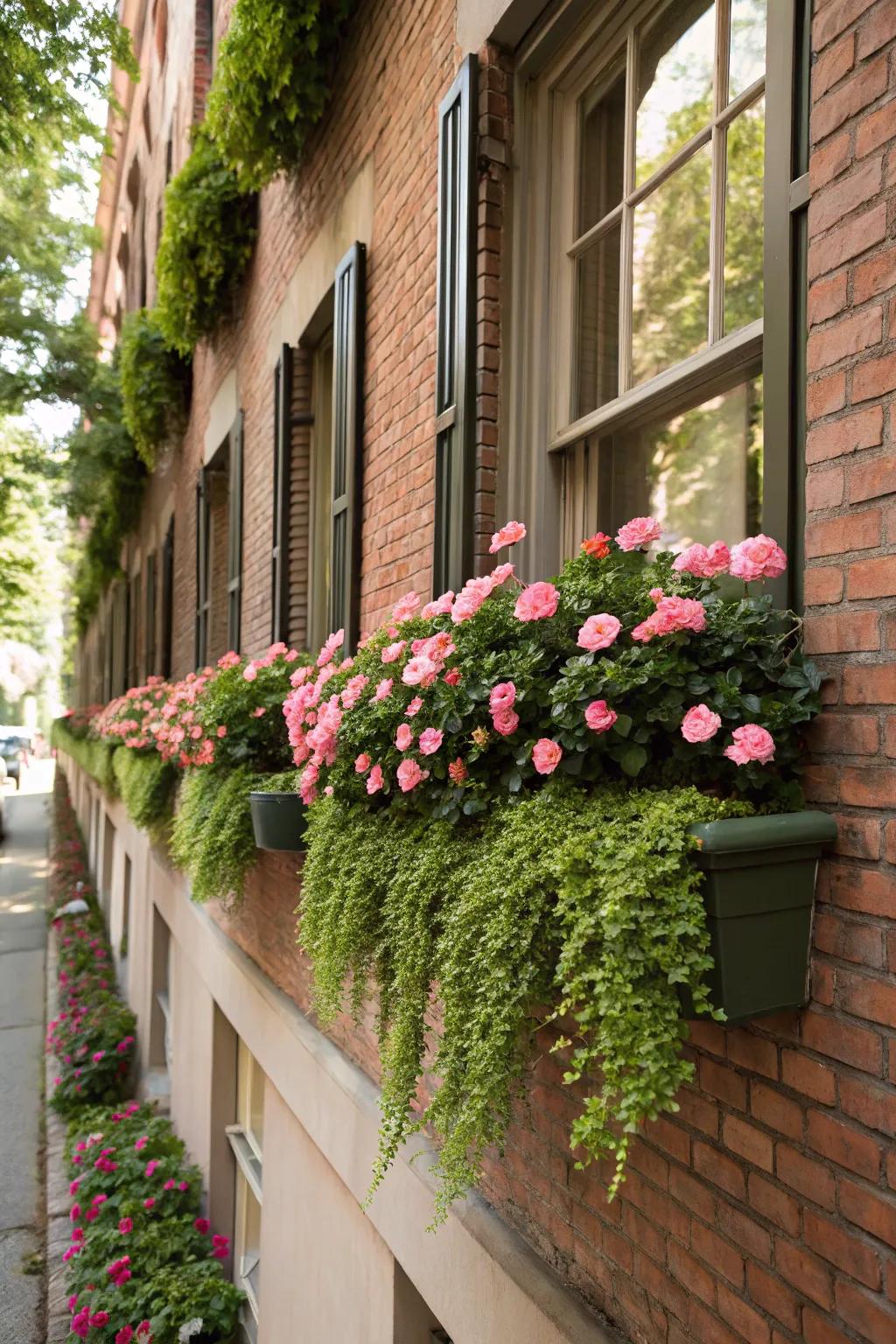 Brighten your home exterior with colorful rose moss window boxes.