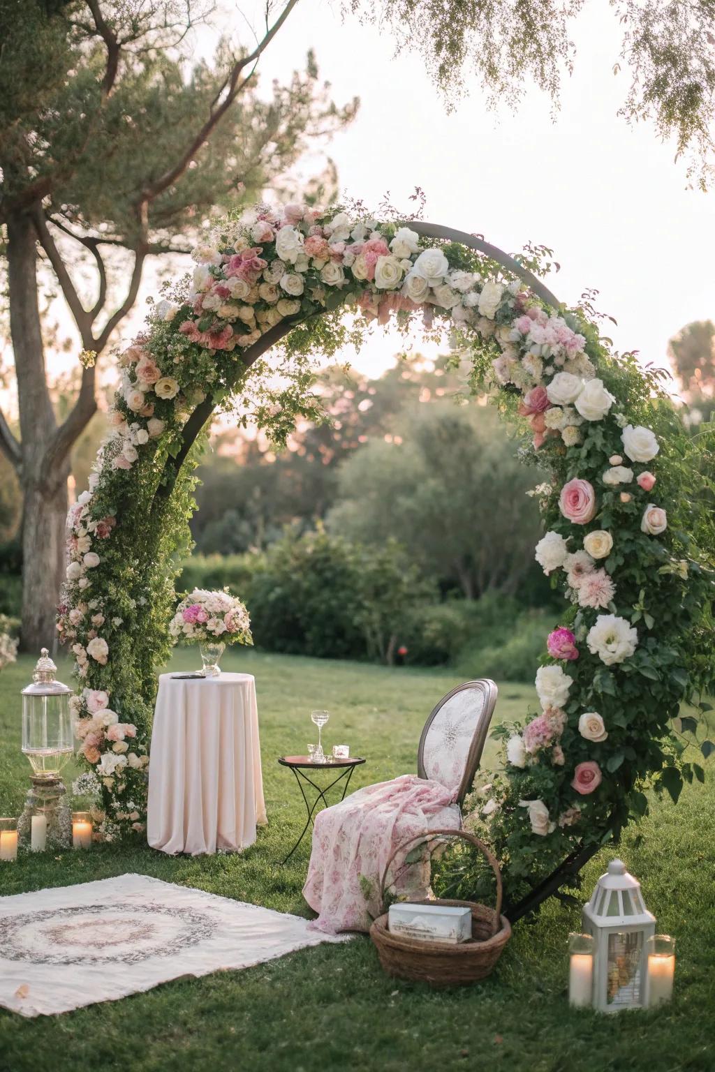 A vintage-inspired round wedding arch with pastel hues.