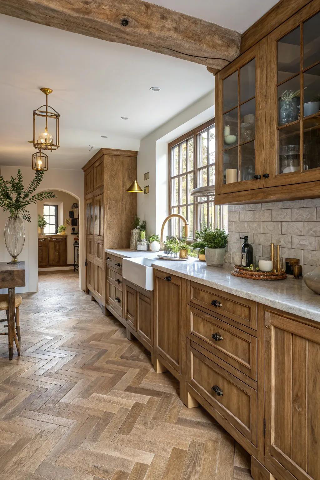 Herringbone patterns add elegance to rustic floors.