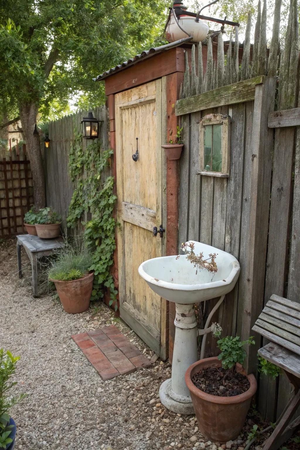 Vintage hardware adds uniqueness and charm to this outdoor setting.