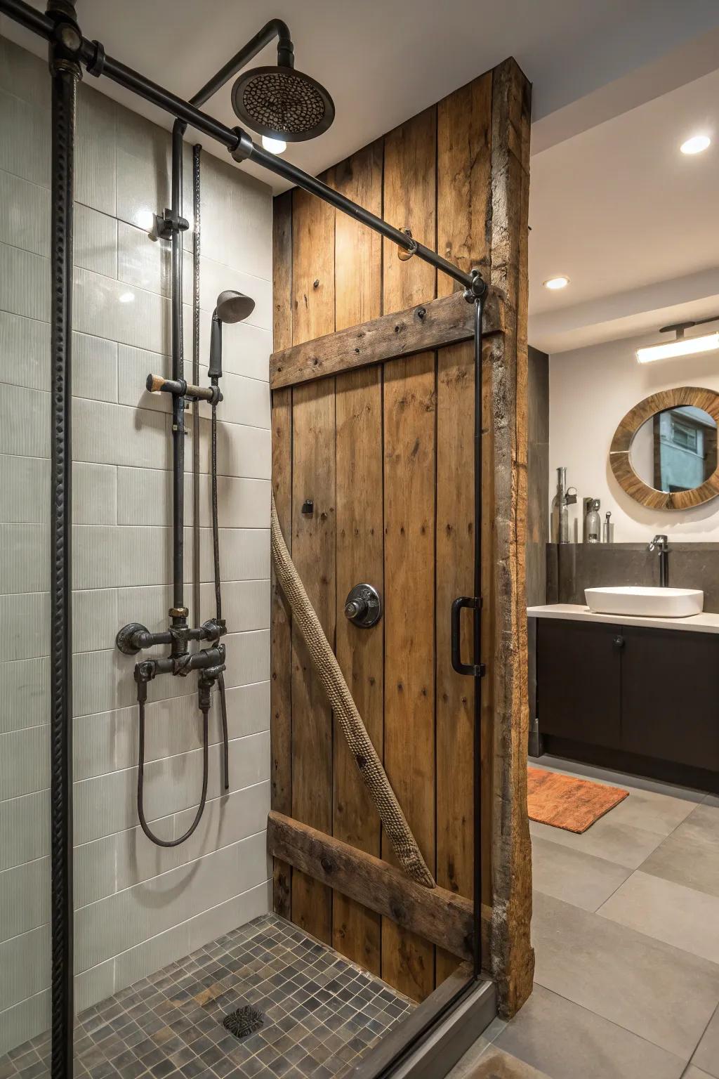 A rustic shower featuring industrial metal elements that add a warm and edgy touch.