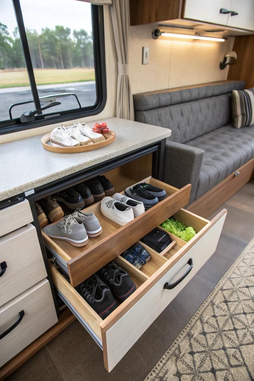 Hide your shoes in plain sight with under-dinette storage.