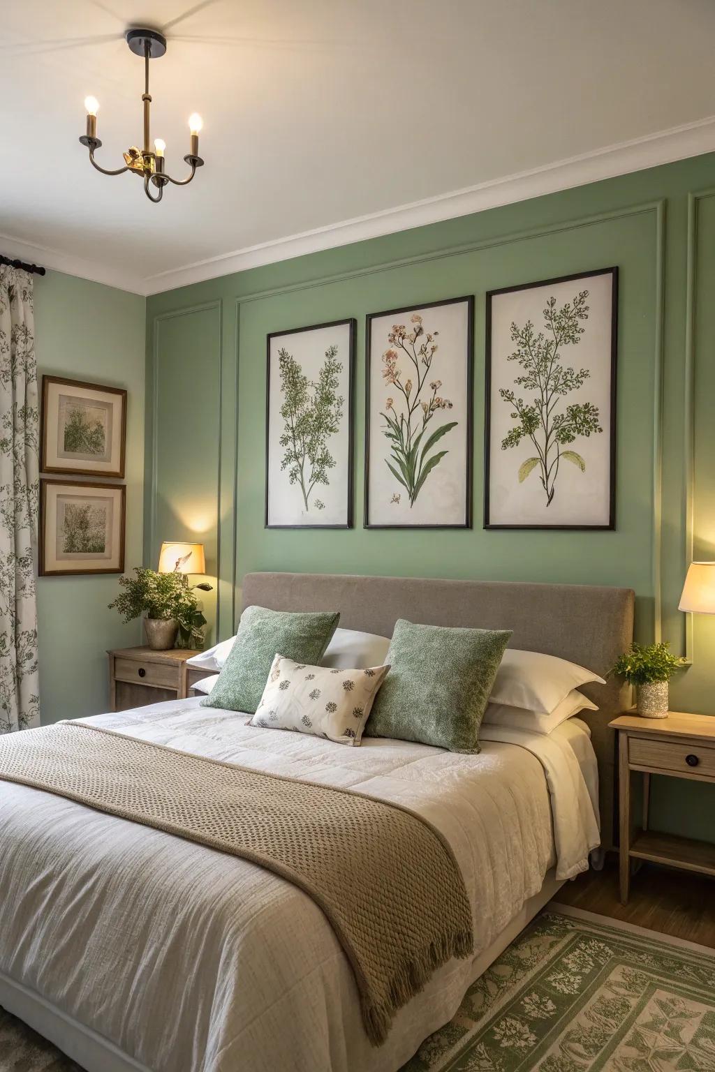 A bedroom that blends sage green walls with botanical prints.