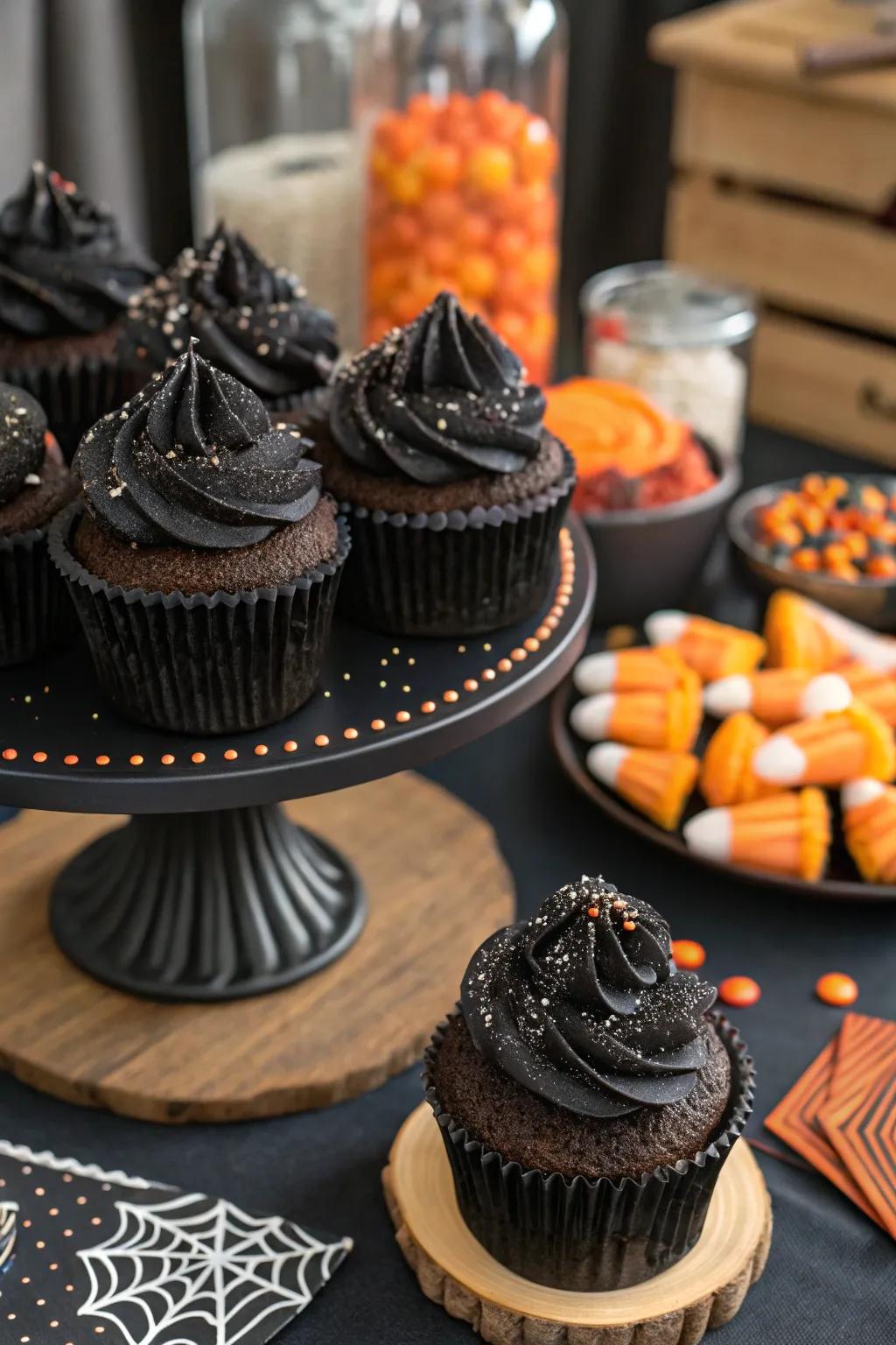 Dark cupcakes that are great to look at and taste.