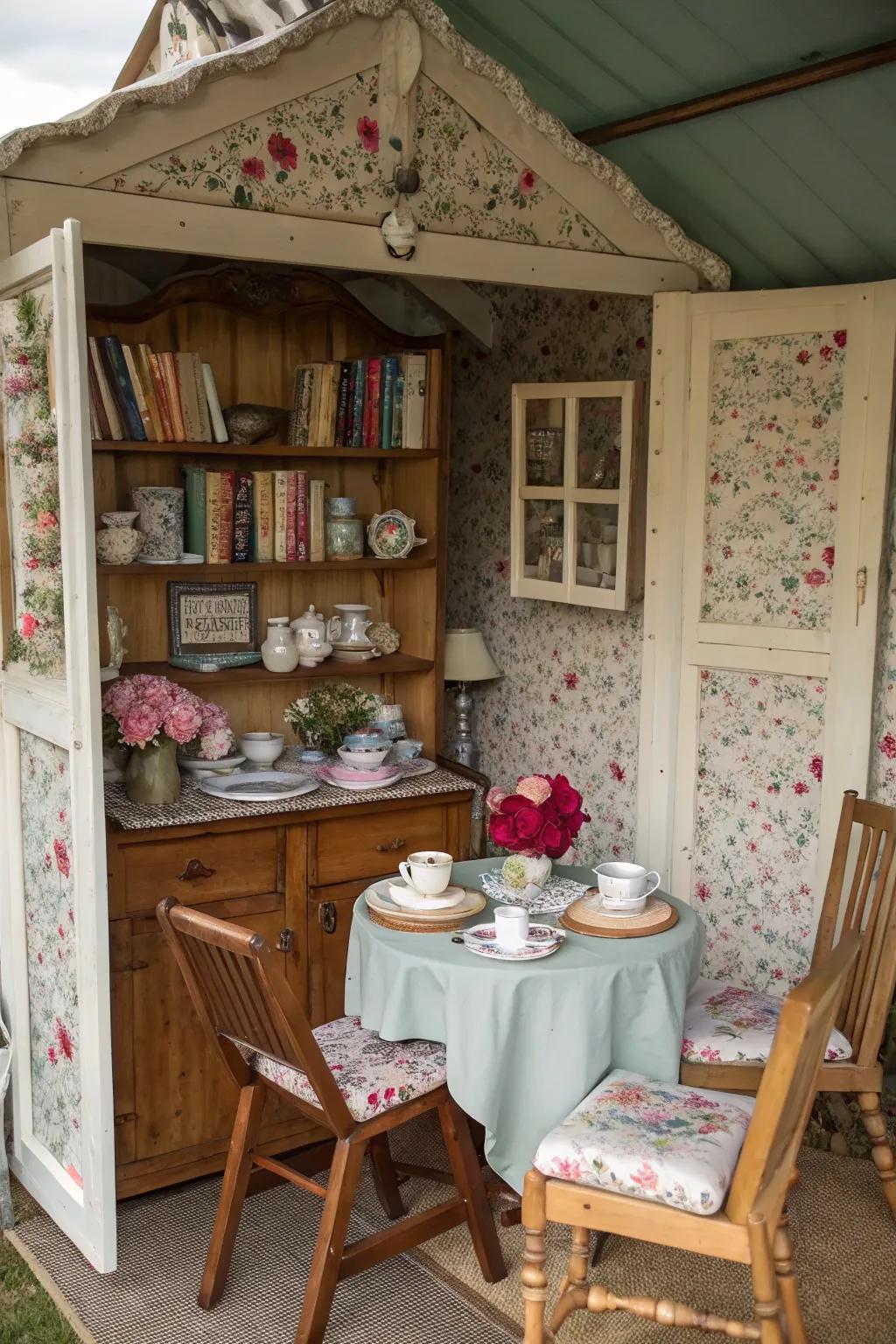 Transform your she shed into a vintage tea room with floral patterns and antique charm.