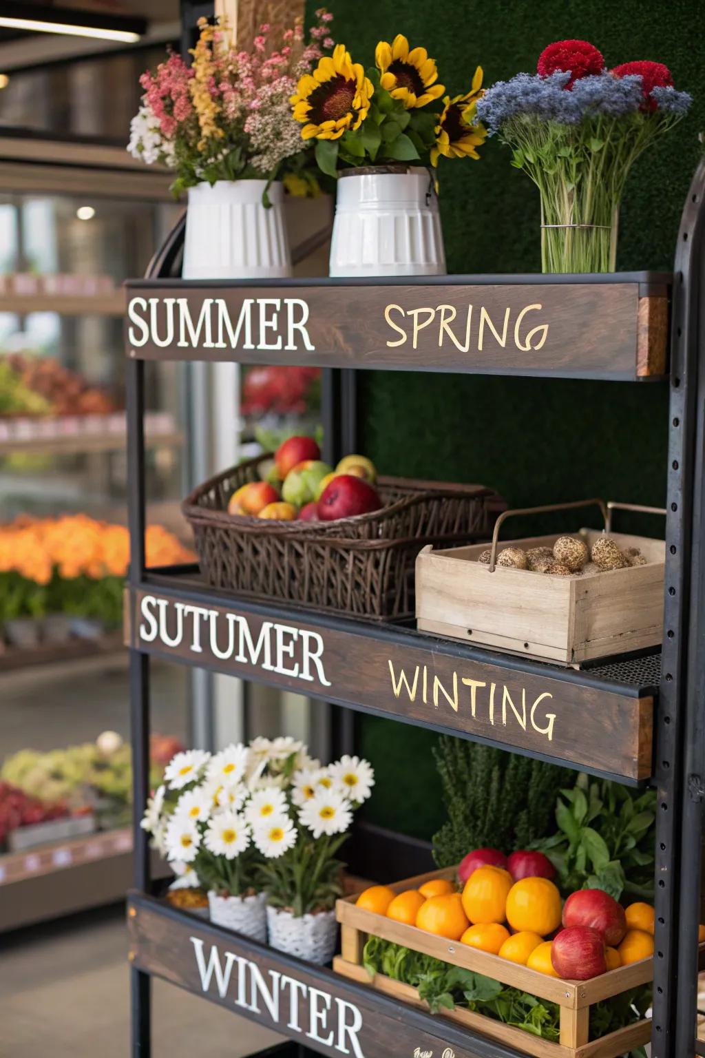 Shelves showcasing diverse arrangements for seasonal changes.