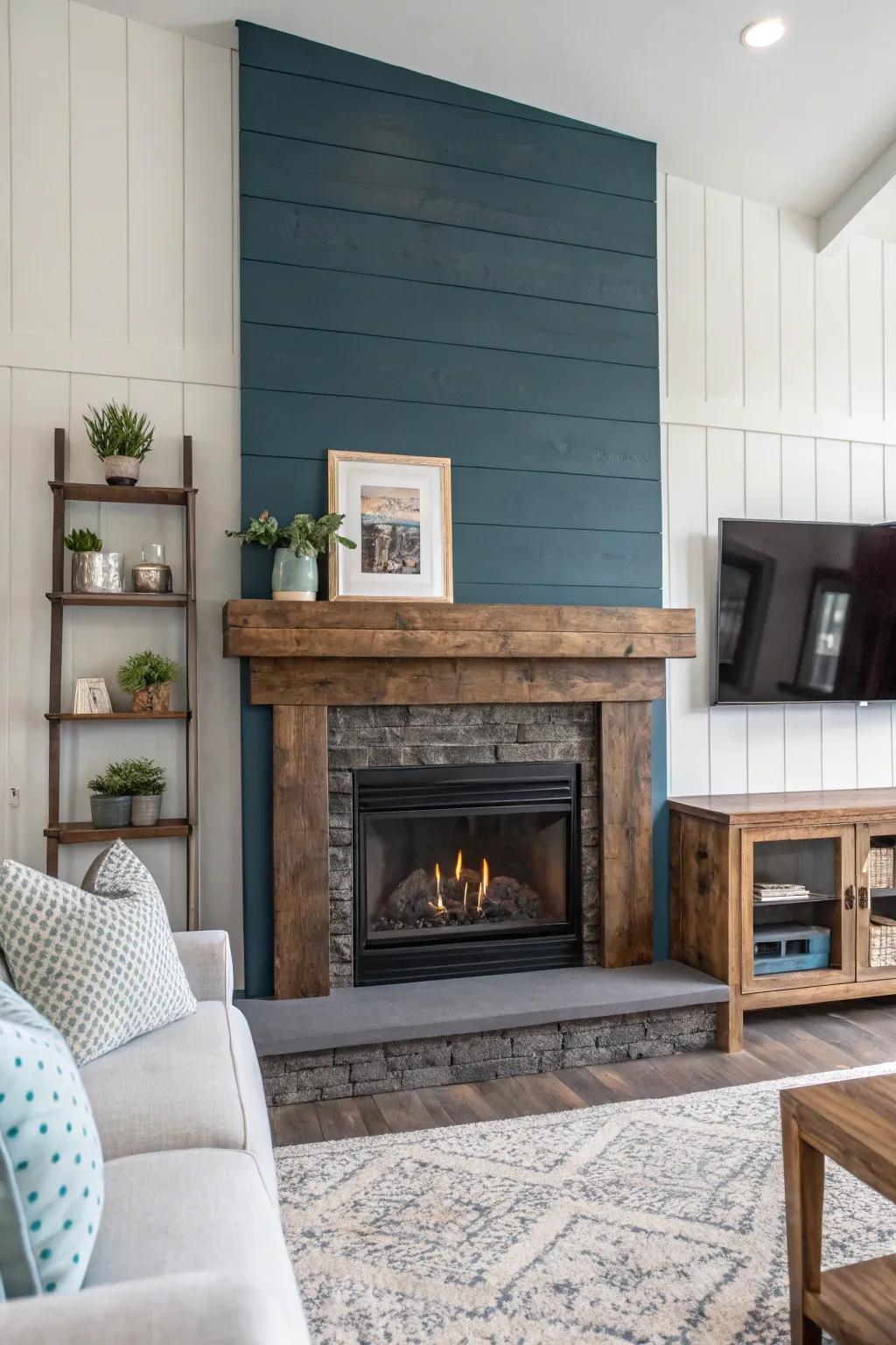 Contrasting colors on shiplap and mantel add a bold modern twist.