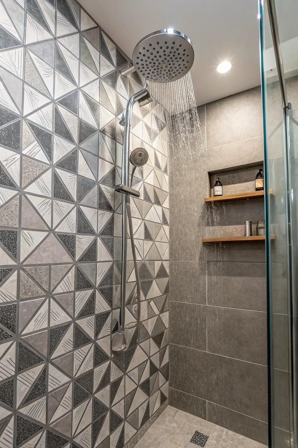 Geometric grey tiles for a modern shower design.