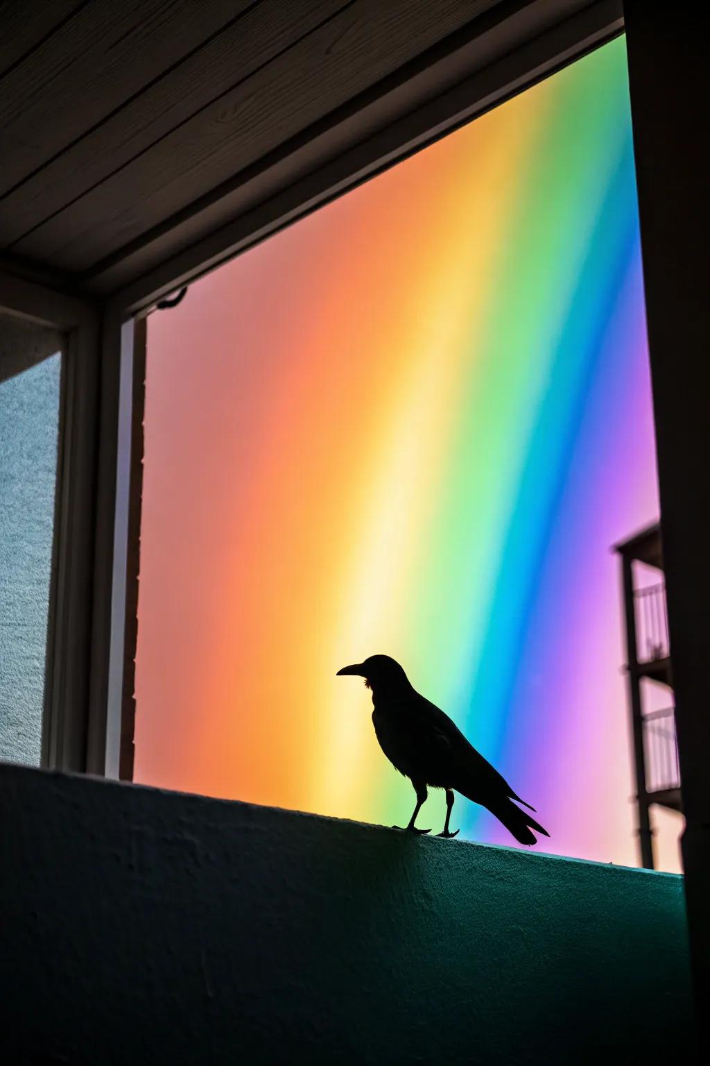 A bird silhouette is brightly displayed against a rainbow background.