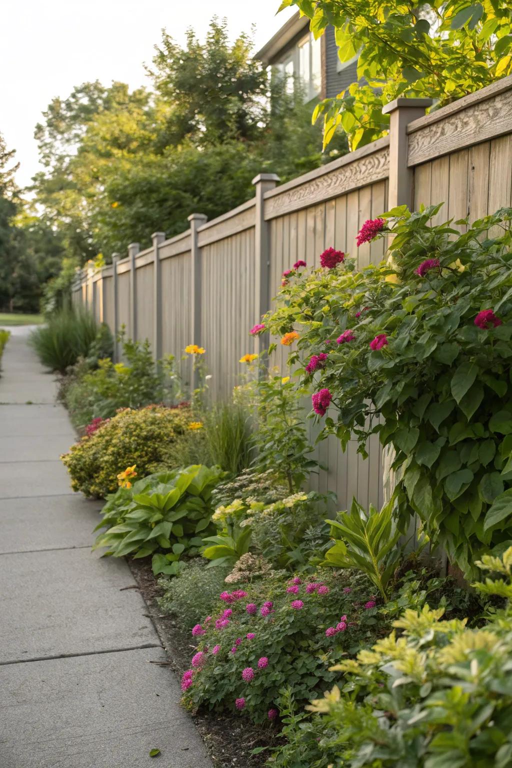 Homegrown plants offer a sustainable and effortless choice for fence landscaping.