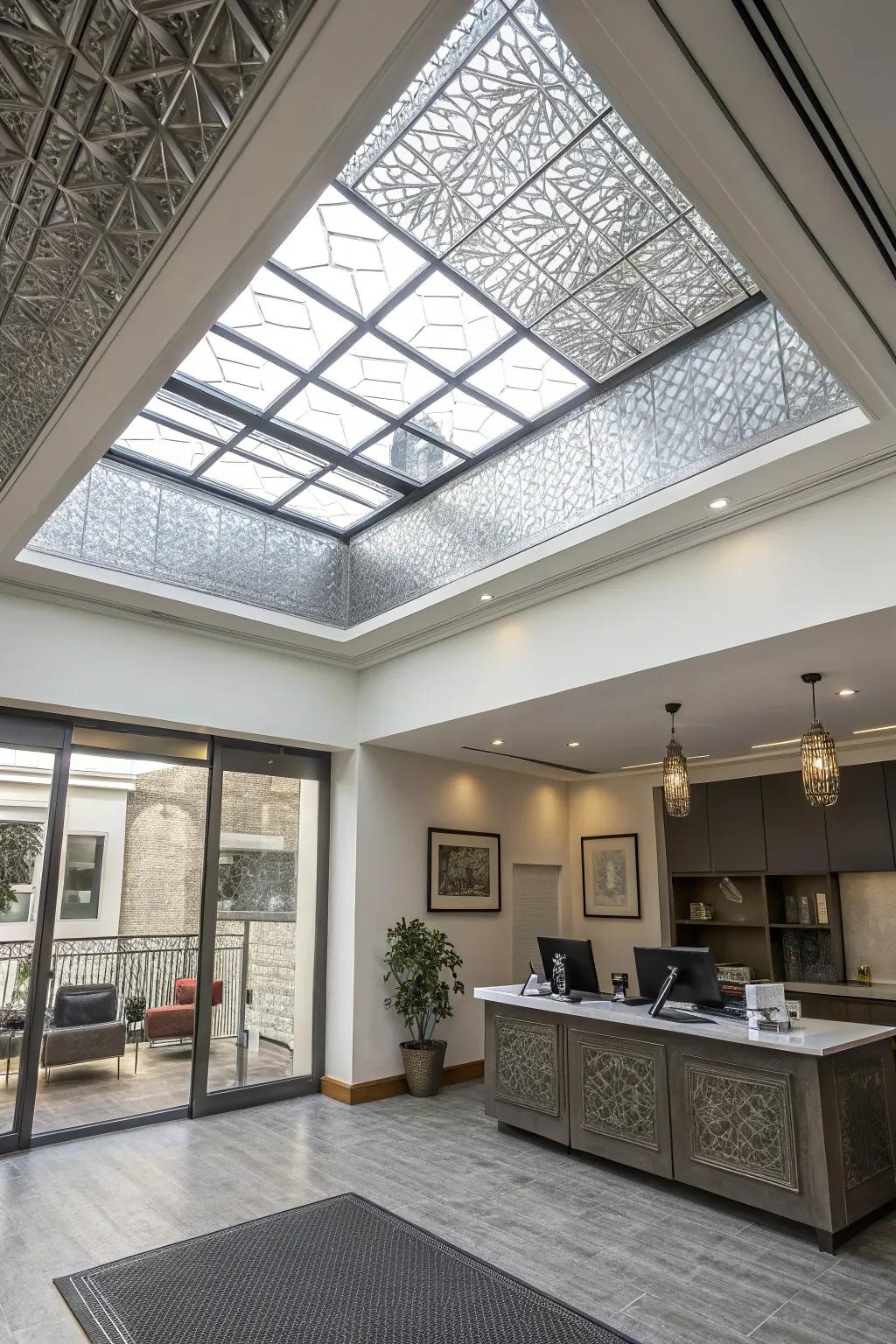 An office space with a skylight featuring trim made from textured metal.
