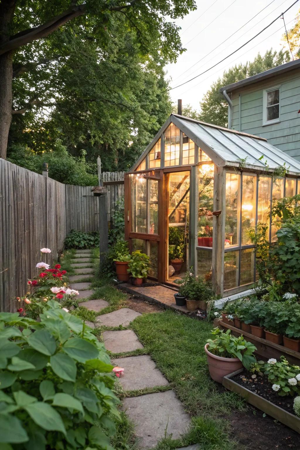 A small greenhouse blends practicality with appeal.