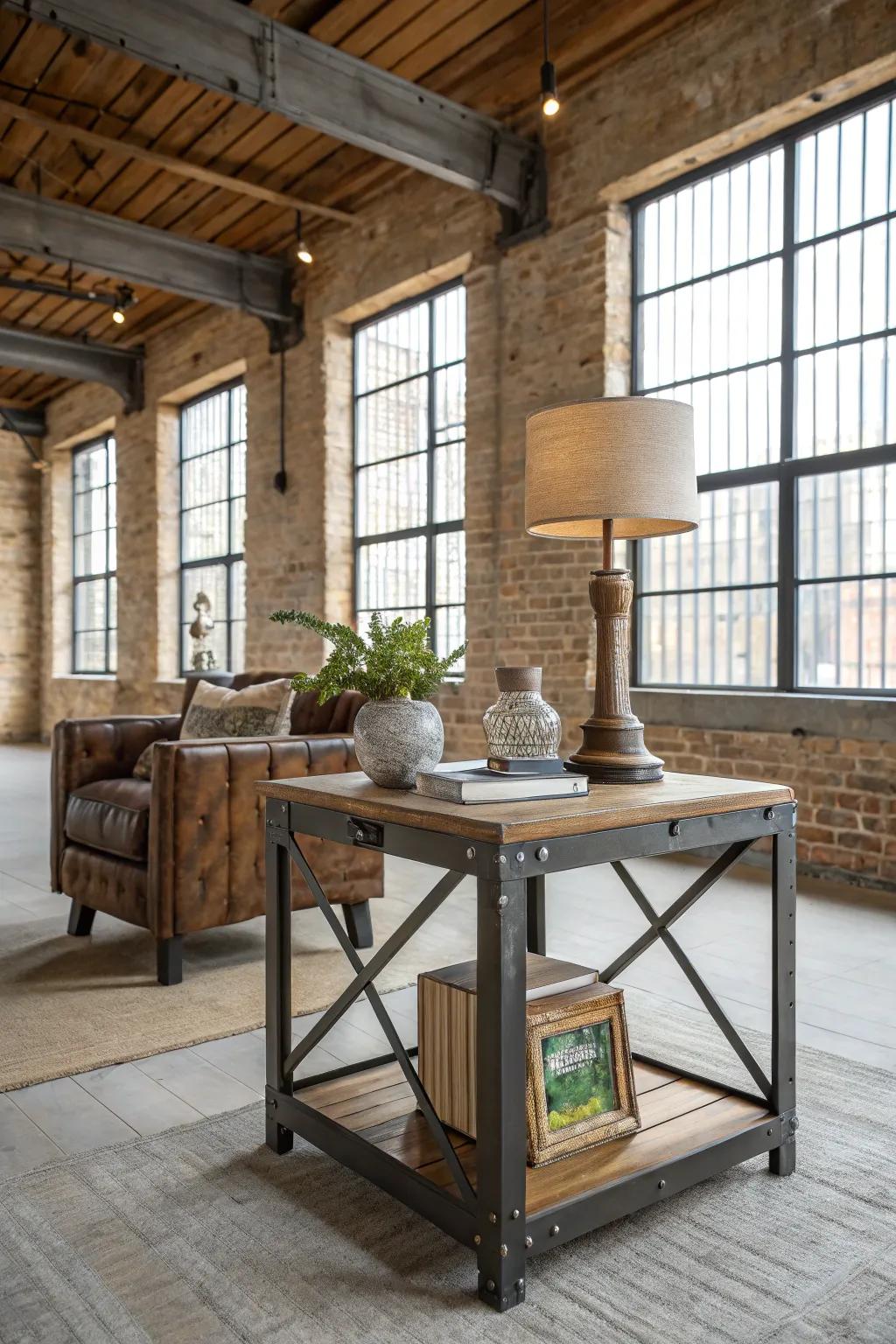 Industrial end table adds a rugged touch to a loft apartment.