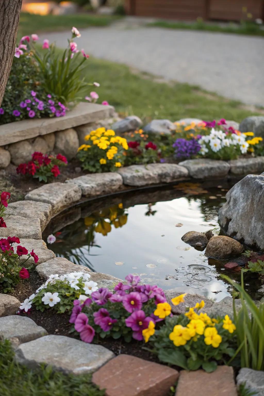 A serene small flower bed featuring a miniature pond.