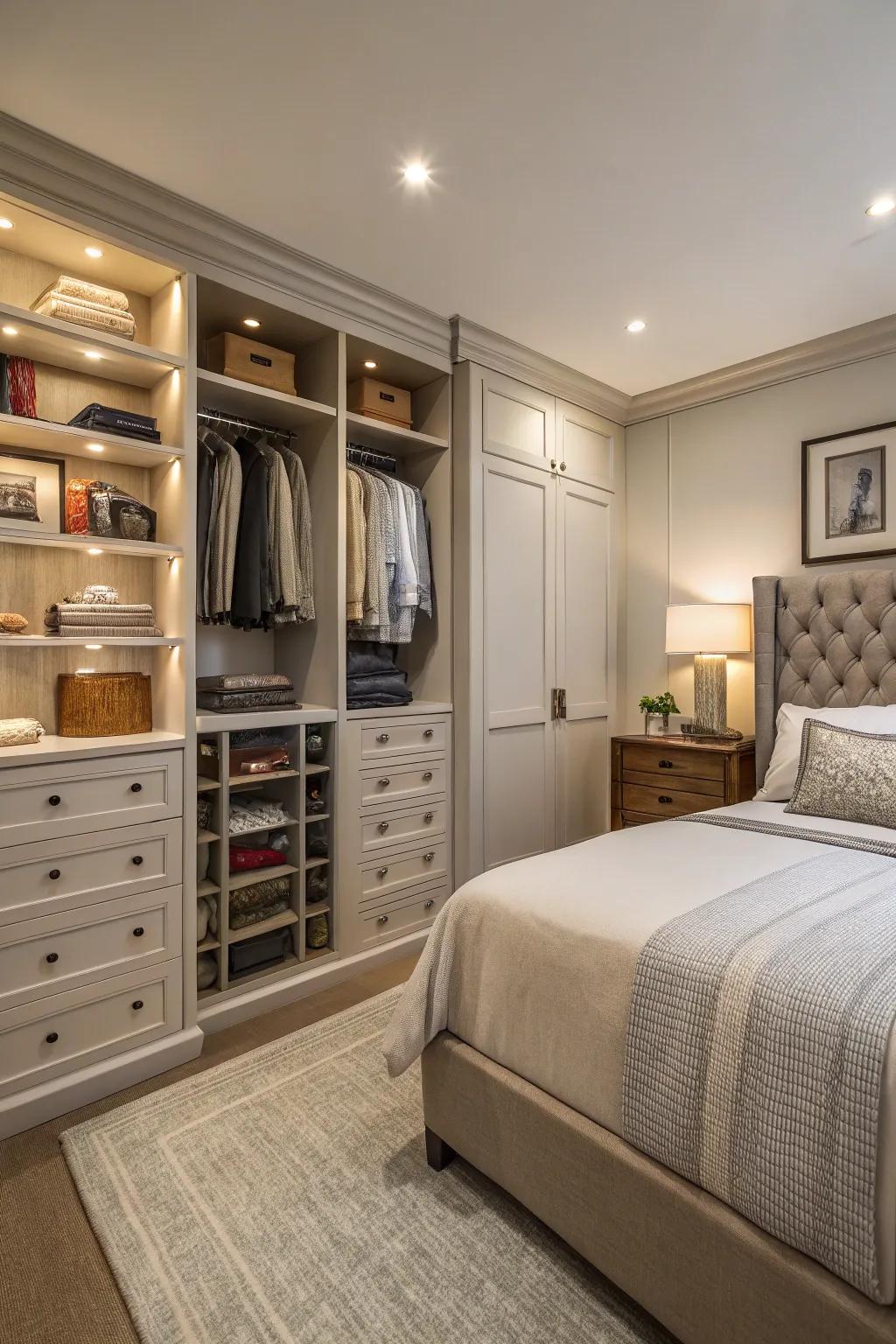 Integrated storage solutions maintain organization in a small master bedroom.