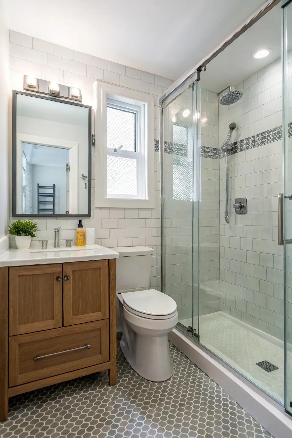 Frameless glass doors create a seamless and open shower space.