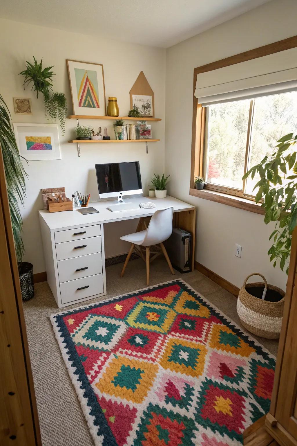 Defining your office area with color or a rug creates a designated workspace.