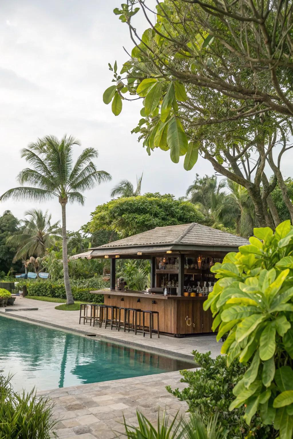 Greenery around your pool bar adds a refreshing, natural touch.