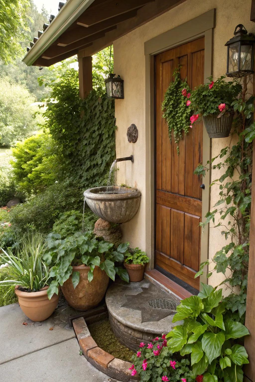 A water fountain provides soothing sounds and a unique feature.