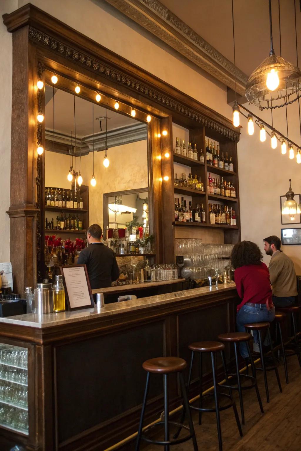 A large mirror behind the bar enhances space and light in a small setting.