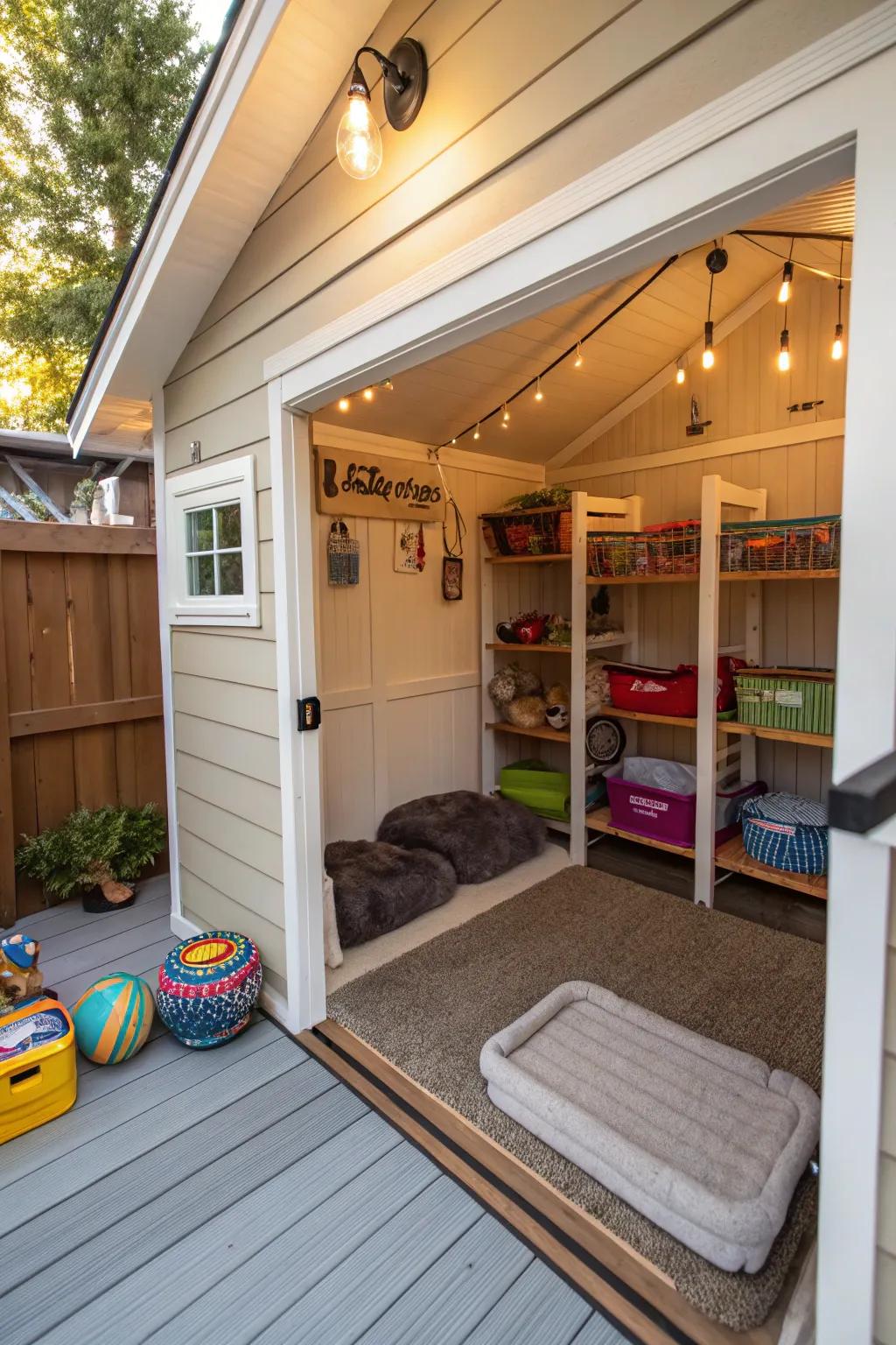 A cozy pet paradise inside a small shed.