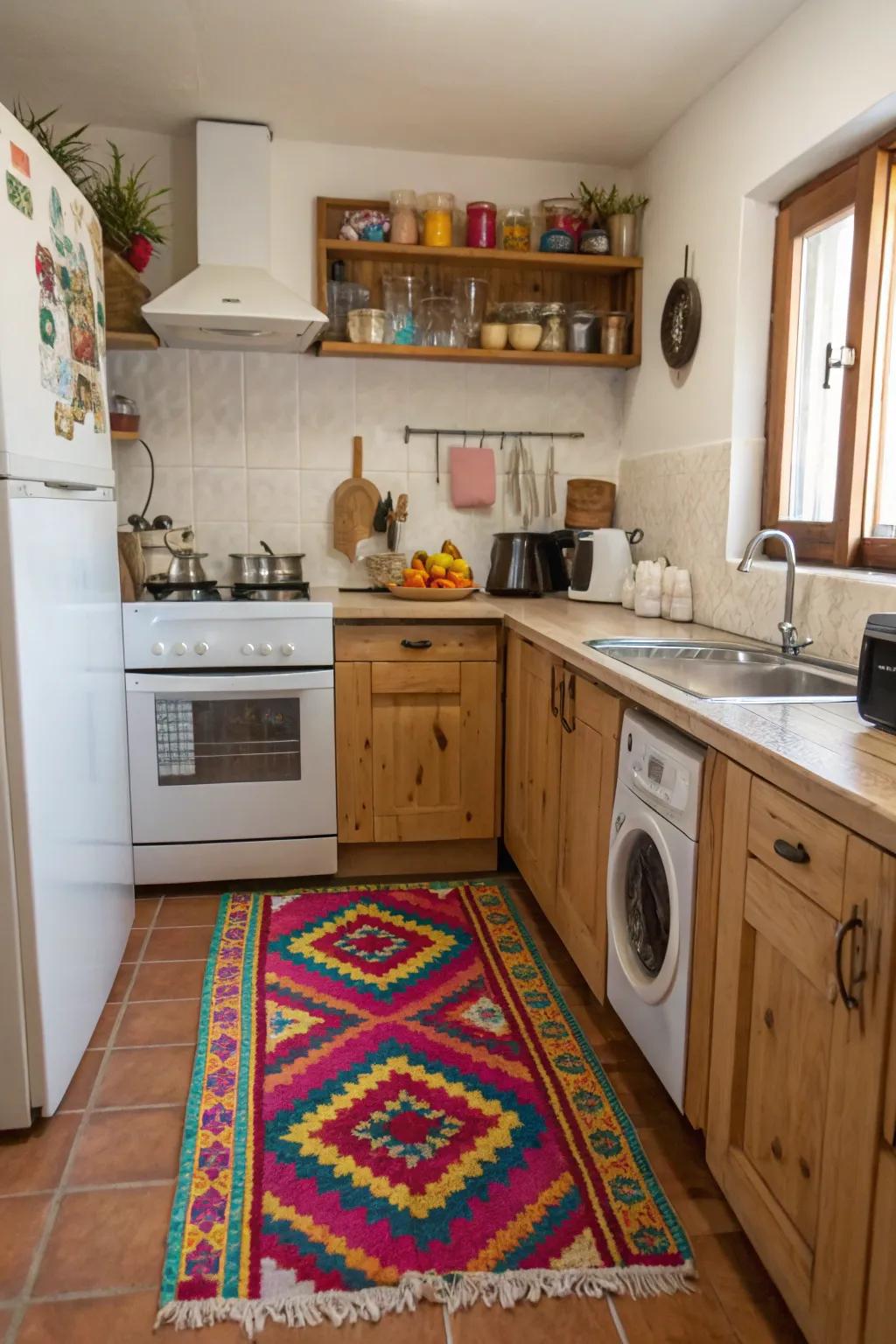 A colorful rug adds comfort and style to a small kitchen.