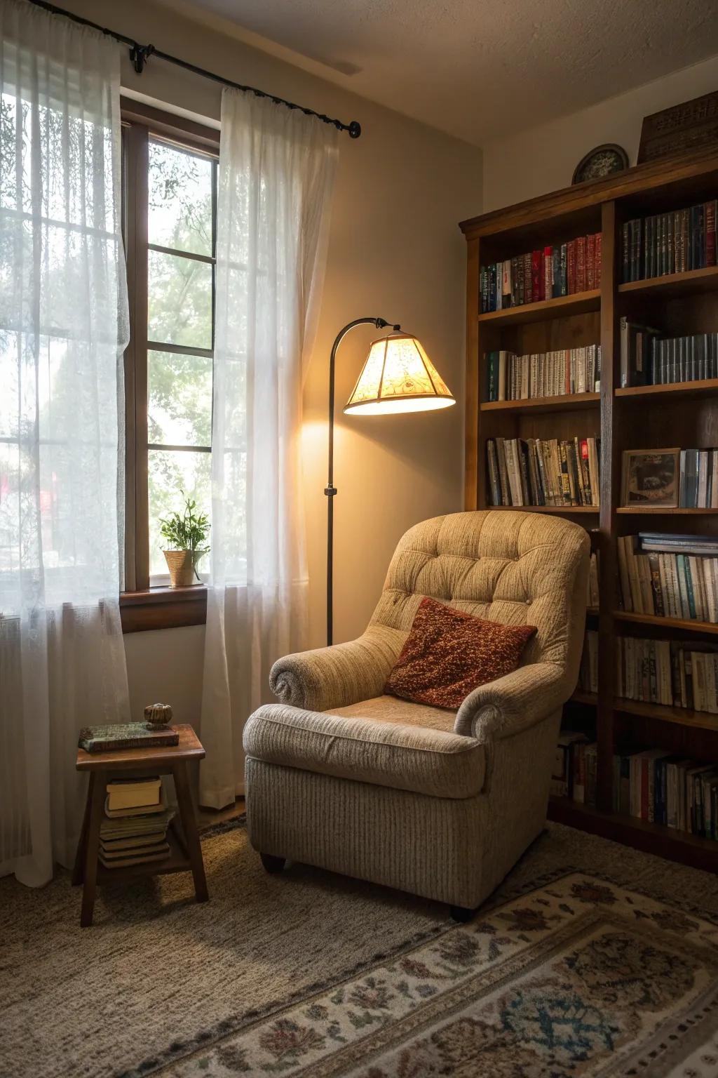 A reading nook offers a peaceful retreat for book lovers.