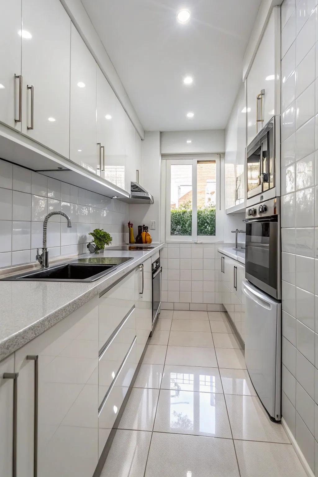 Reflective surfaces make the kitchen feel more spacious.