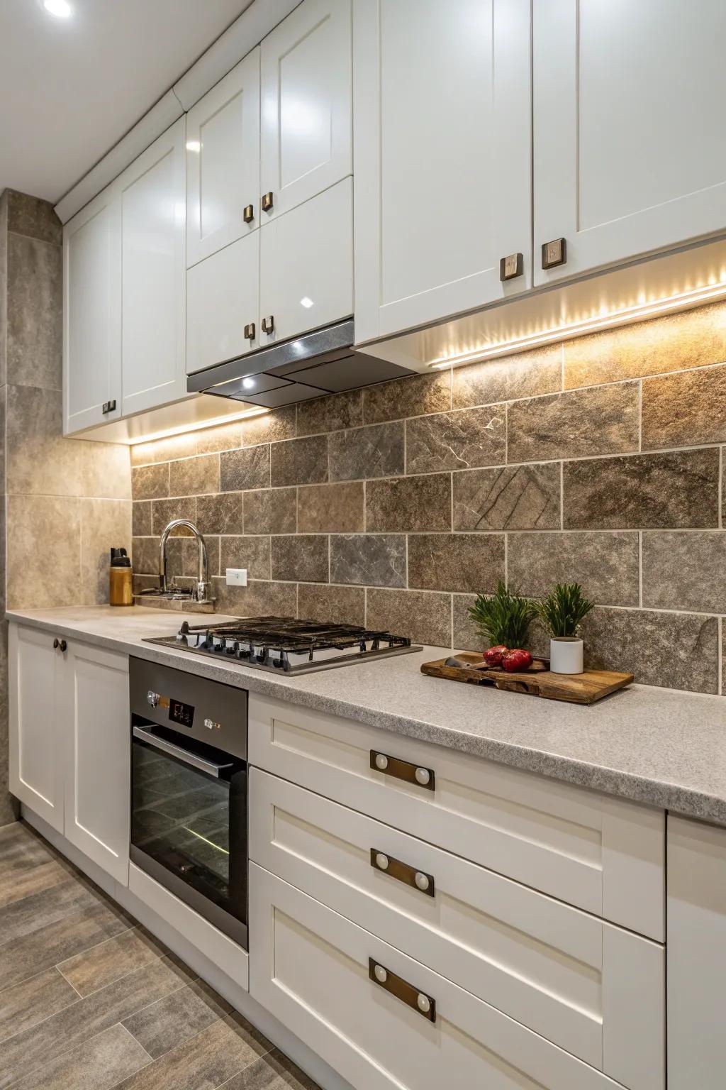 A blend of textures creates a dynamic and engaging backsplash.