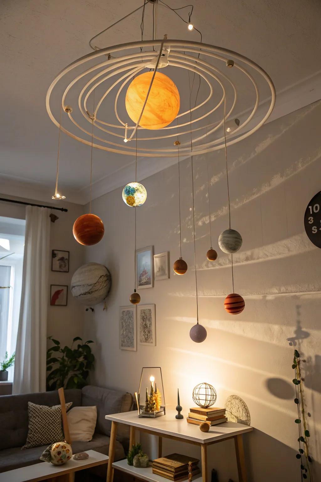 Solar system mobiles provide an educational and decorative touch.