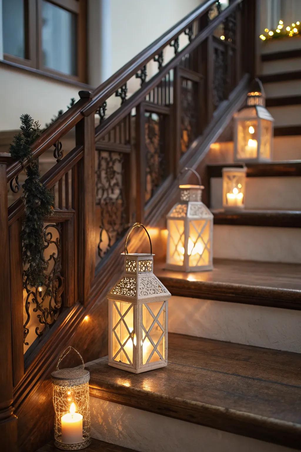 Decorative lanterns create a cozy path up the staircase.