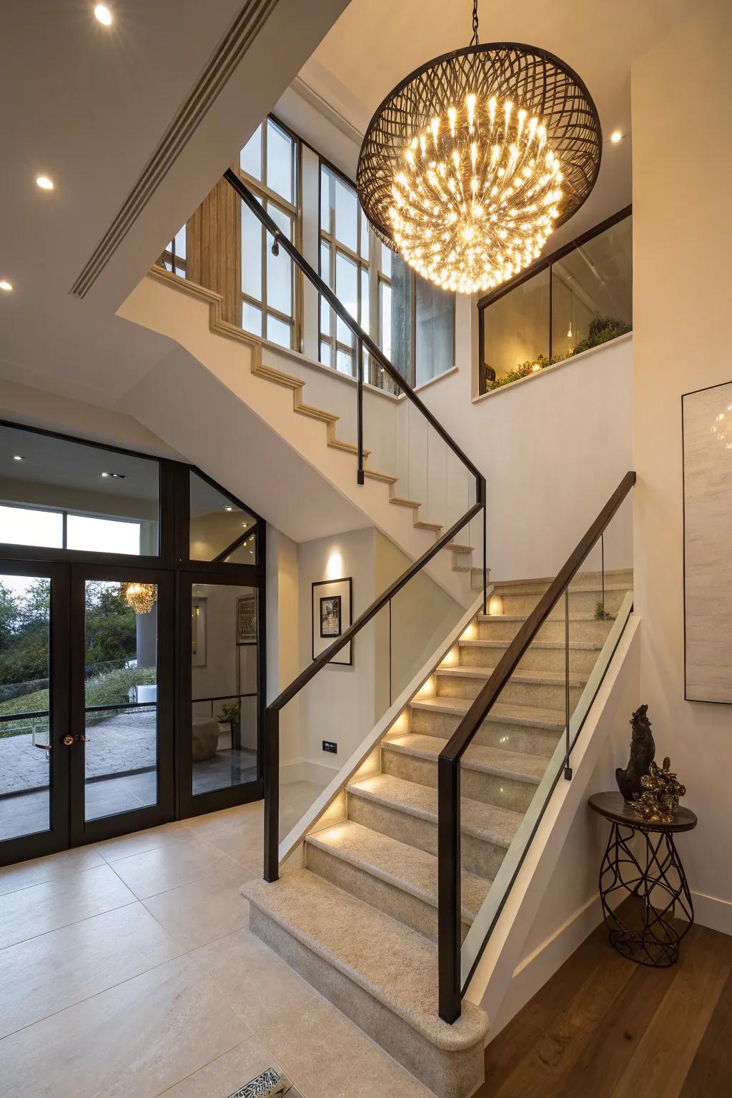 Statement lighting enhances the architectural lines of this staircase.