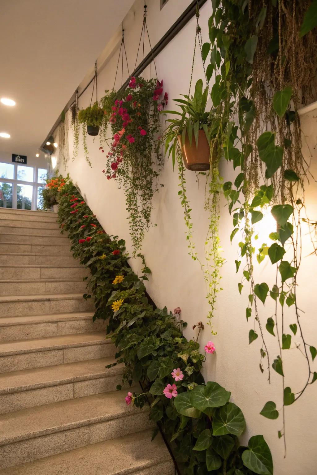 Nature-inspired elements bring freshness to the stairway.