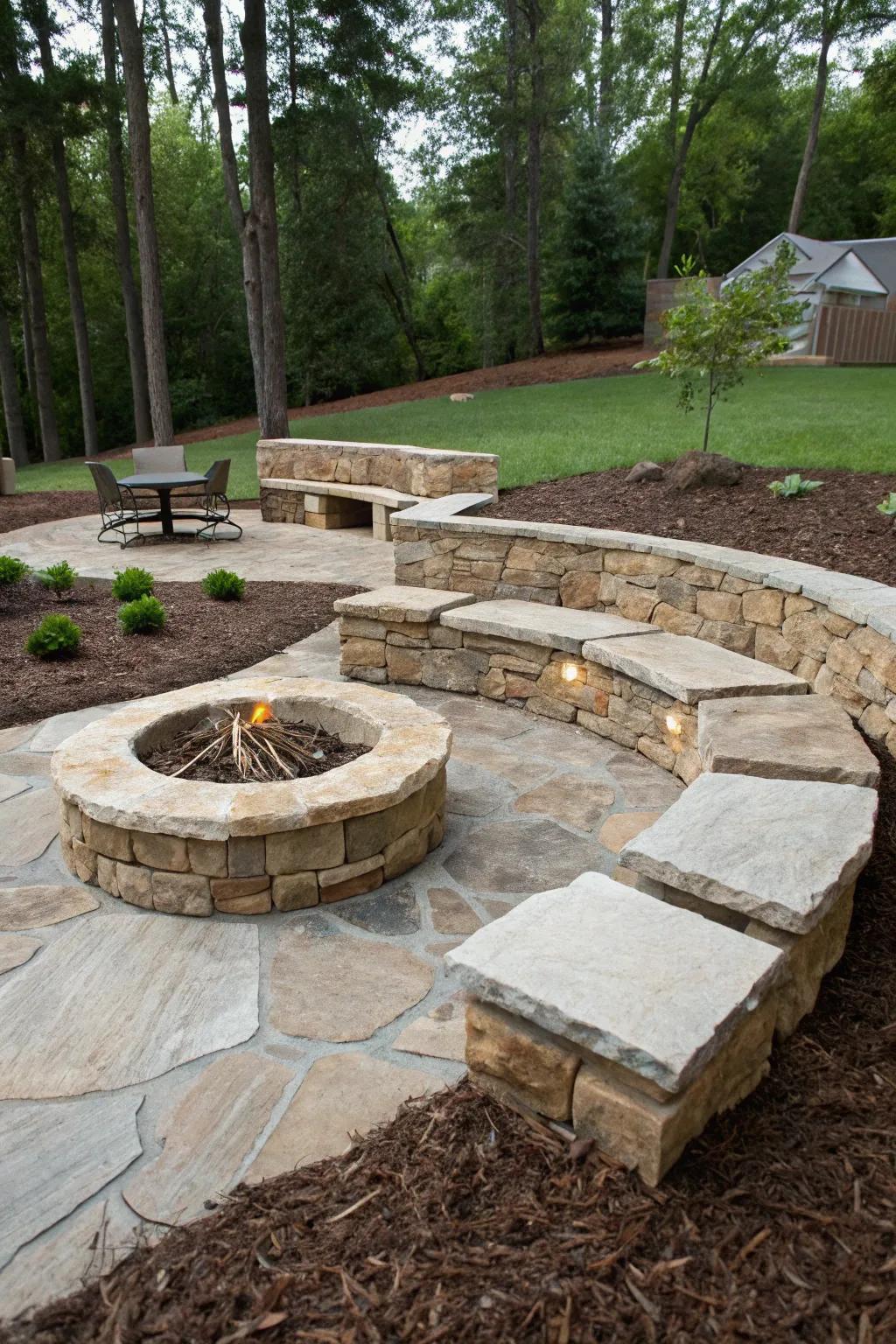 Create a cozy gathering spot with a stone and mulch fire pit.