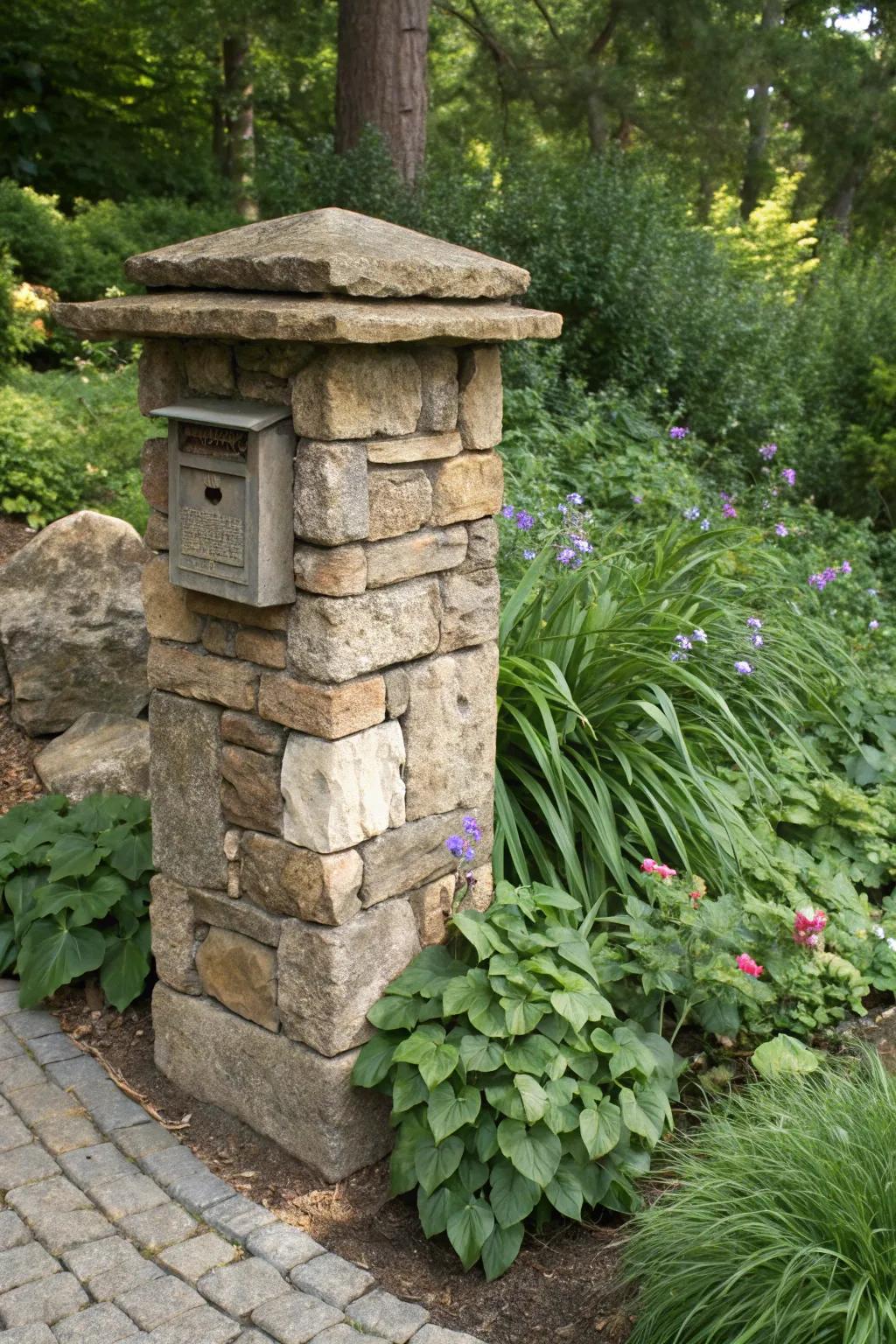 An eco-friendly mailbox pillar crafted from reclaimed stone.