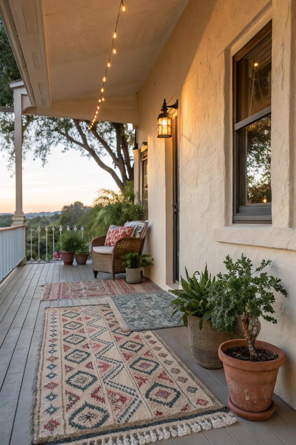 Cozy decor elements make this stucco porch feel like home.